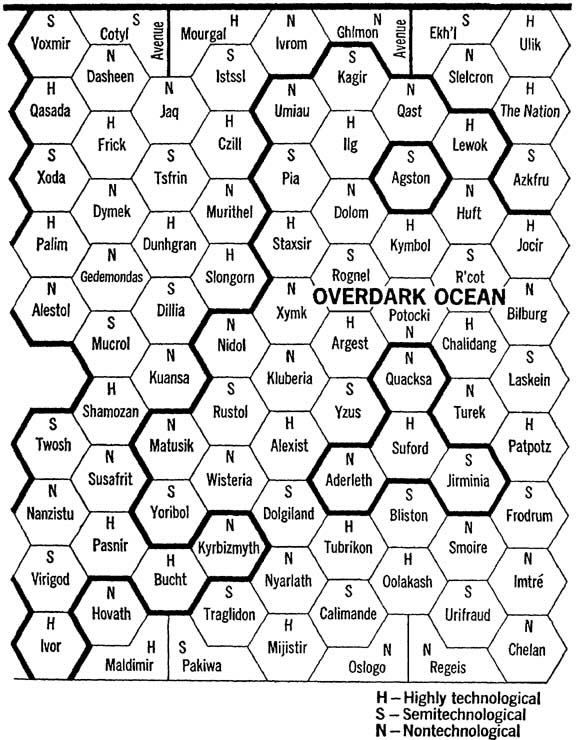 a black and white map composed of hexes, each one containing an alien name