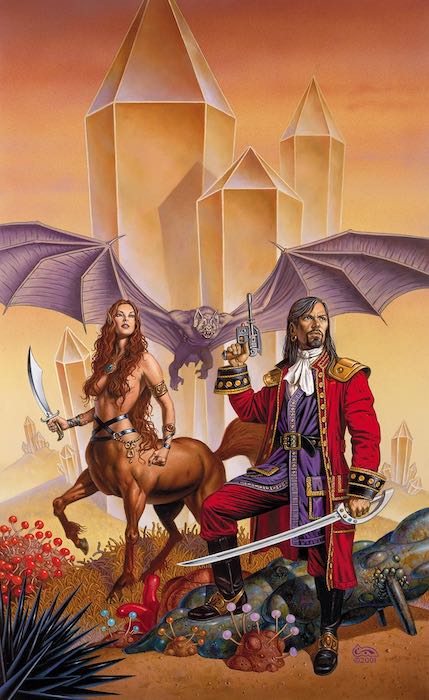 a dashing man with a laser pistol, a centaur woman holding a scimitar and a giant bat pose heroically in front of mushrooms and crystals