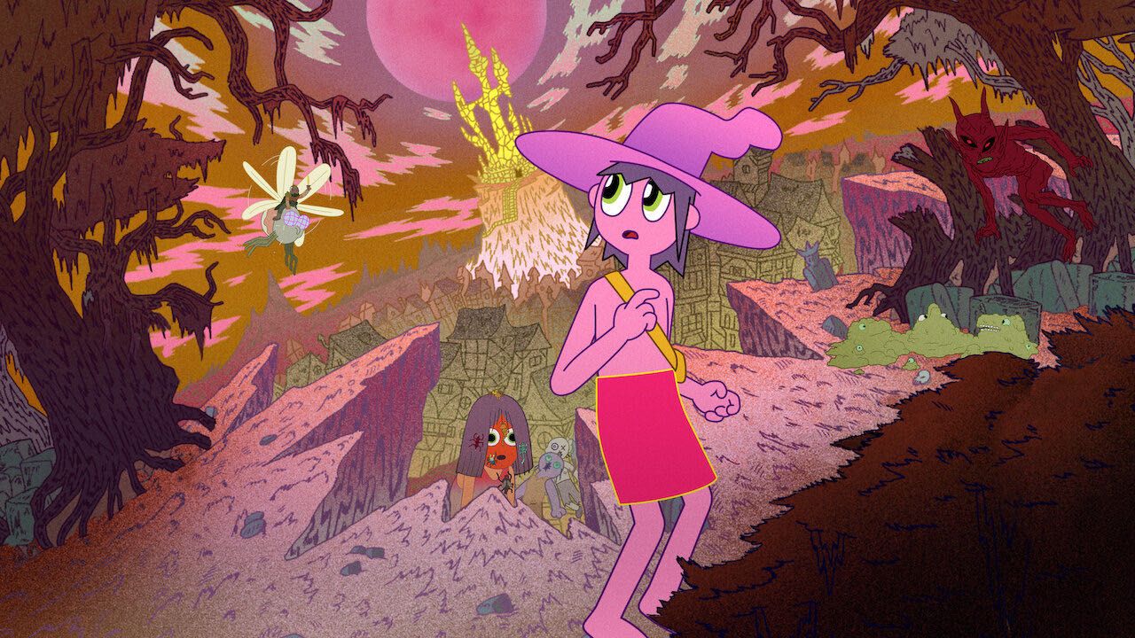 psychedelic fantasy cartoon image of a pink man in a warped forest