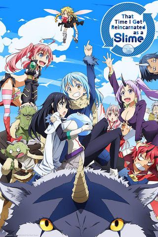poster for the anime series That Time I Got Reincarnated As A Slime, depicting various anime girls cuddling a slime