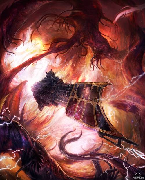 painting of a Gothic-looking spaceship flying through a maelstrom of tentacles and lightning
