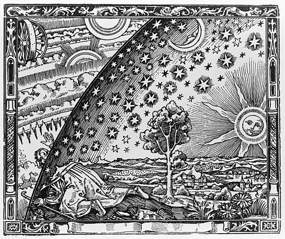 Early Modern woodblock engraving depicting the sky as a huge dome. A traveller reaches the edge of the dome and sticks his head through it, gasping in wonder at the heavenly world beyond.