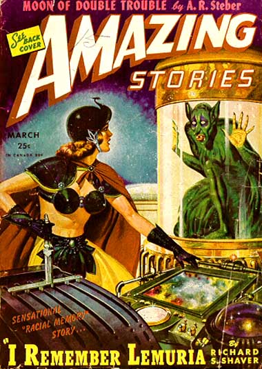 cover of the goofy old pulp magazine Amazing Stories, featuring a raygun Gothic looking space babe and a bat-man trapped in a tube
