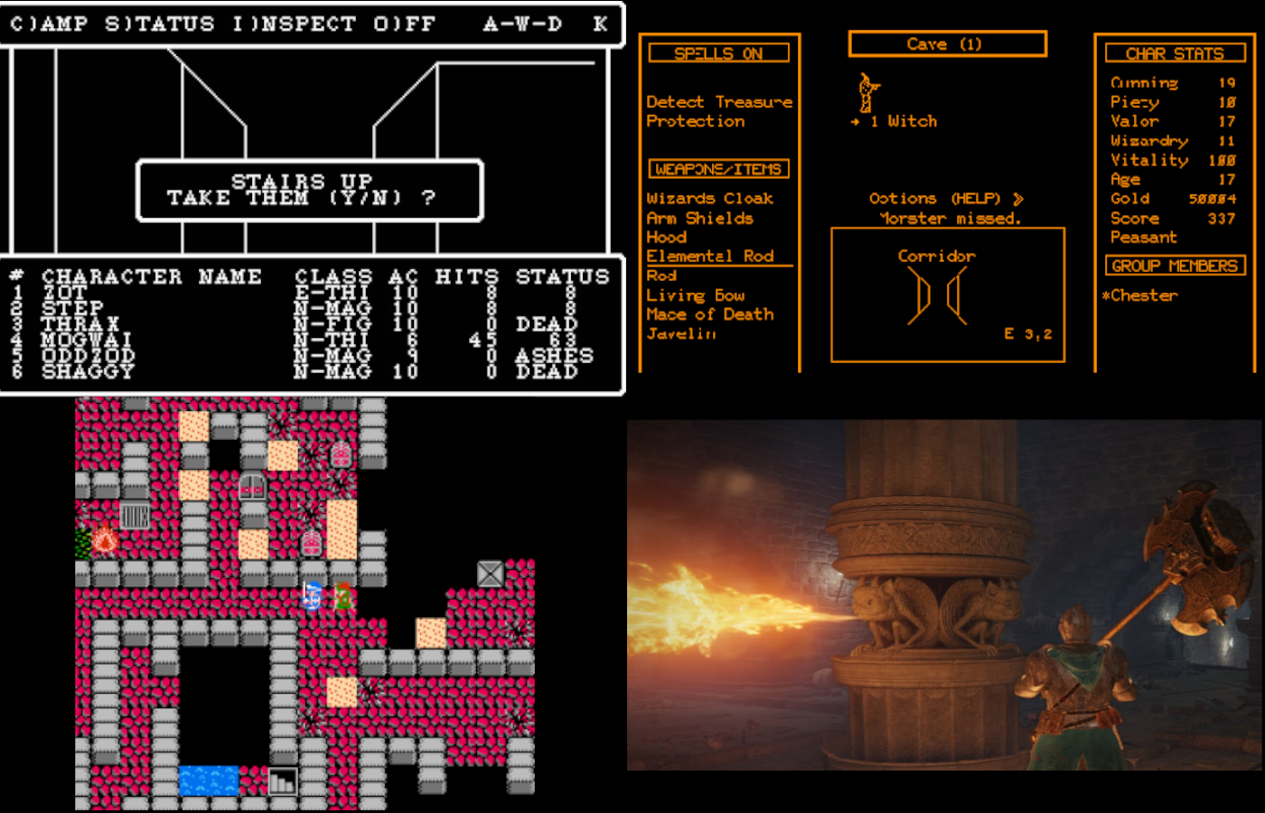 Clockwise from top left: two screenshots from monochromatic dungeon crawl games; a screenshot from Elden Ring with a knight facing a flamethrower trap; and an 8-bit screenshot of two characters exploring a mazelike dungeon.