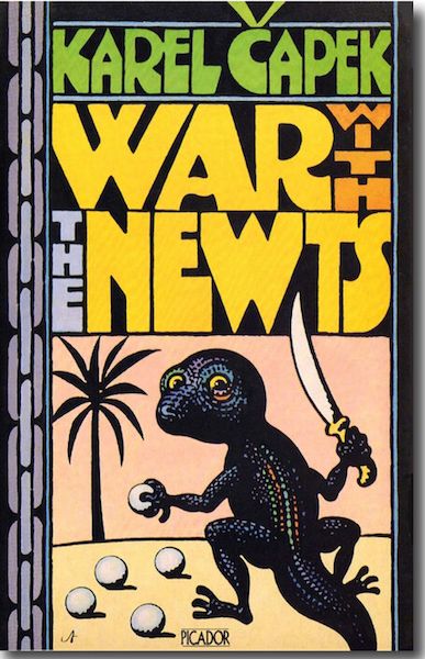 Book cover depicting a newt with black skin and yellow eyes, holding an egg in one hand and a scimitar in the other, with a palm tree in the background