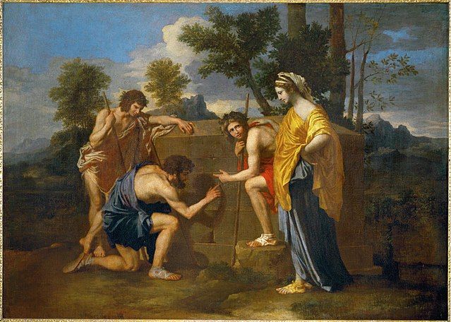 Oil painting in Baroque style, depicting four shepherds in togas in an idyllic woodland scene. They are gathered around a stone tomb and looking in awe and perhaps fear at the inscription thereon.