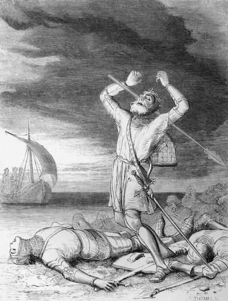Pencil drawing of King Arthur at the moment of his death, pierced through the skull by an enormous spear, his arms upraised, his friends and enemies lying dead all around him.