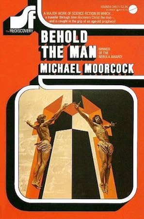 This cover has a snazzy orange background framing a central image of two Jesuses, hovering as if crucified, inside abstract cross-shapes formed out of black and white planes.