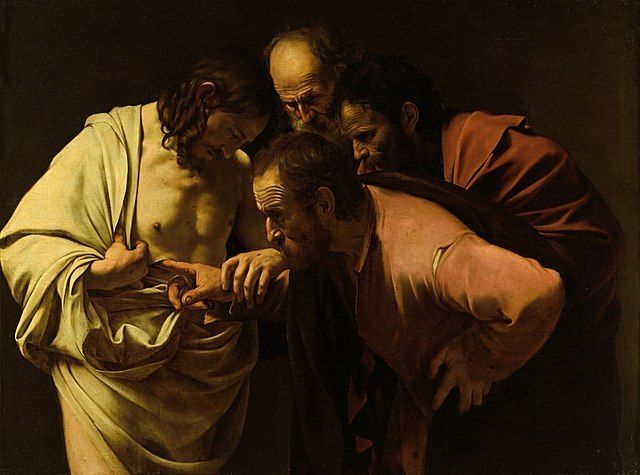 Baroque-era painting depicting Jesus after the Resurrection, appearing to his disciples. In the foreground the Apostle Thomas wonderingly presses his finger into the wound in Christ's side, which is open but does not bleed.