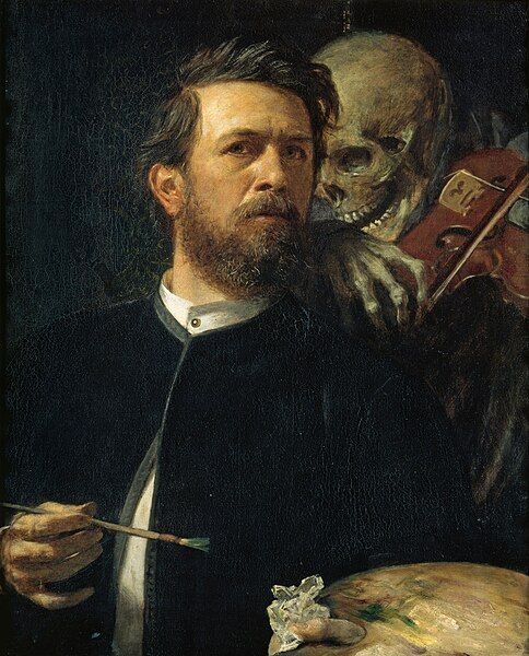 Realistic painting of a white man holding a paintbrush and palette. An animate skeleton looms behind his shoulder, playing a fiddle. The man's expression is deep with trepidation, as though he is only just starting to sense the skeleton's presence behind him.