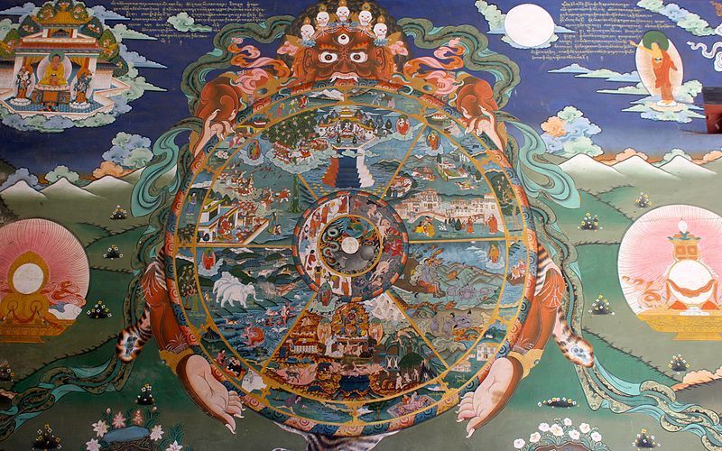 Tibetan Buddhist painting depicting the world divided into six realms. Each realm is insanely crowded, to the point of being nearly illegible. A demon crowned with skulls holds the whole world in his grip. Outside the world, various Buddhas float above a tranquil landscape of mountains and fields.