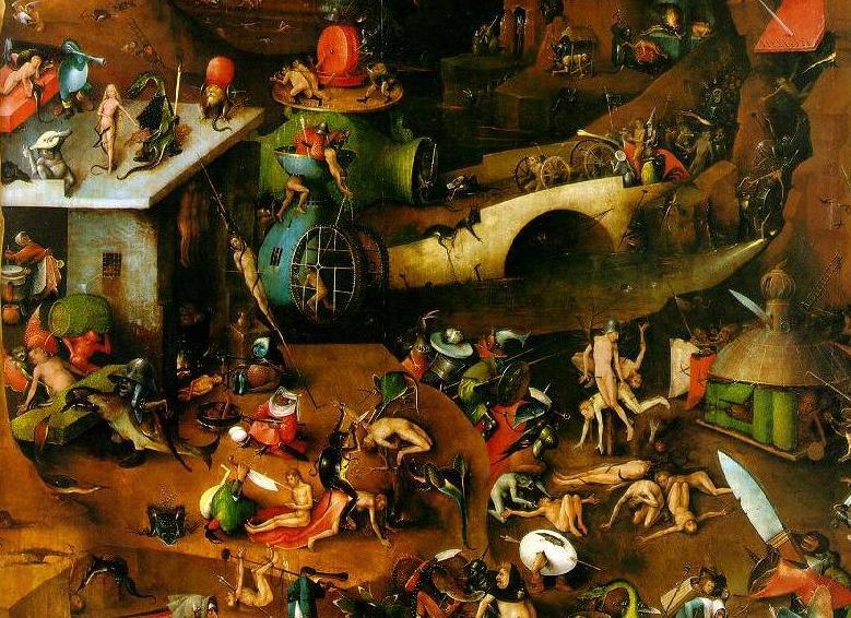 Painting of a nightmarish landscape, highly detailed, with dozens of naked humans, giant beetles, and other grotesque scenes.