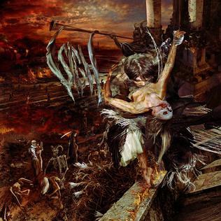 Painting of a hellish landscape with fires and skeletons. In the foreground a man dances with an ambiguous angelic yet skeletal figure. 