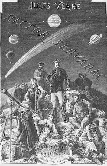 Black and white illustration of several men and women in dashing poses, standing on the rocky surface of a comet. One figure holds a telescope to his eye. In the background are planets and a hot-air balloon.