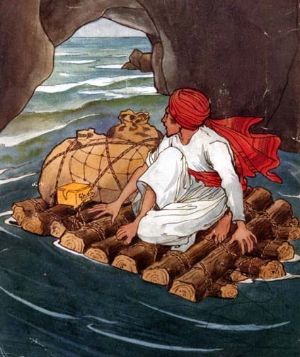 richly coloured illustration of a man in a red turban on a raft with some sacks of treasure. The raft is being carried out to sea through a narrow cave entrance.