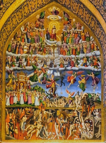 An extremely crowded image containing a host of angels in Heaven surrounding Jesus Christ, humans on Earth, and below them is Hell filled with flames, demons and suffering sinners, some of whom are in the midst of being swallowed by grotesque beasts.