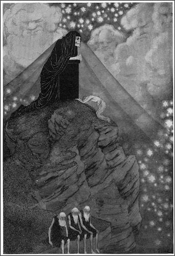 an unsettling image of a robed skeleton atop a mountain, with a supplicant figure laid out before him. Further down the slope, three old men sit in poses of weariness or despair.