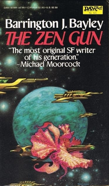 book cover depicting sharp, gun-shaped spaceships in orbit around a blue world. One spaceship is being consumed by a huge, pink, fleshy flower. I don't think this scene appears in the book.