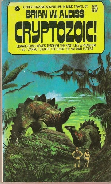 book cover depicting two modern explorers looking in wonder at two huge stegosaurus in the primordial jungle. A volcano is erupting in the background.
