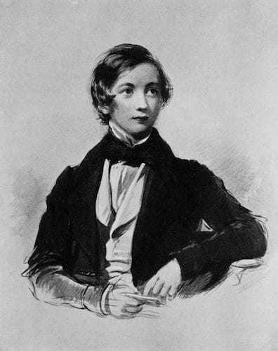 Pen and ink sketch of a white boy, about 13, in a dapper little jacket and cravat. He looks very handsome and a little feminine, with full lips and hair over his ears.