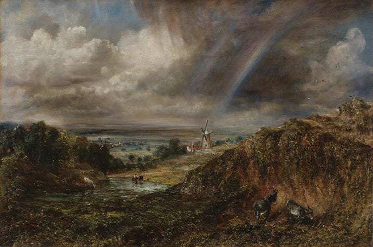 Painting of a murky pastoral scene, roiling clouds overhead, a distant figure and a tiny windmill. The rainbow of the title is very faint, barely visible. It's a gloomy image.