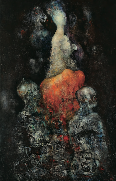 a dark, ethereal, nearly abstract painting made up of several skeletal feminine forms