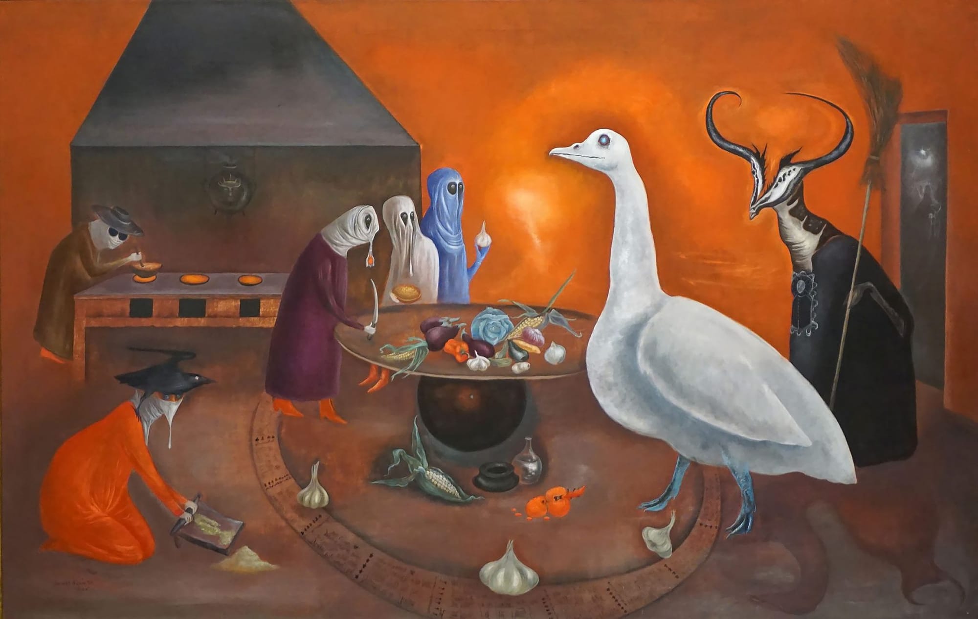 a surreal painting featuring eerie hooded figures gathered around a table laden with vegetables. Across the table is a huge white bird and a goat-horned figure holding a broomstick. the whole scene is ripe with mysterious symbolism