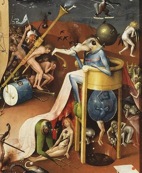 A bird-headed demon on a toilet throne is swallowing a person head-first and shitting out people at the same time. The person being swallowed has birds flying out of their arse. Elsewhere, a demon fondles a naked woman while she stares at a mirror which is attached to the arse of a green tree-man.