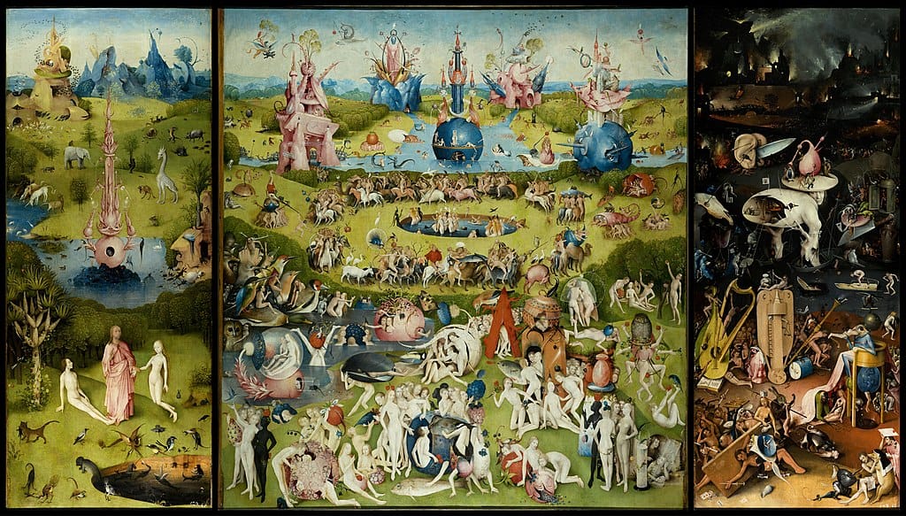 A triptych. Bizarre and entrancing landscapes of Eden, the Garden of Earthly Delights, and Hell