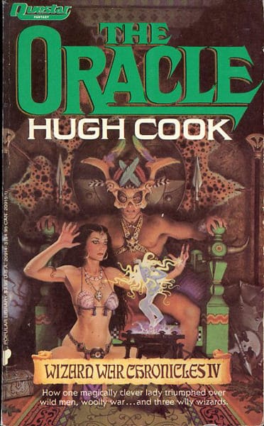 Very goofy book cover depicting a woman in a shell bikini, squatting before a magic brazier, while a vaguely Aztec-looking emperor watches from his throne.