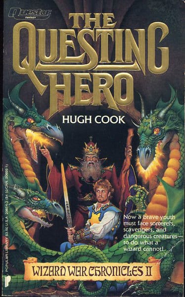 Book cover for "The Questing Hero", featuring a generic fantasy hero dude and a wizard, surrounded by three fire-breathing dragon heads. The art is... bad, but so goofy it's kind of charming.