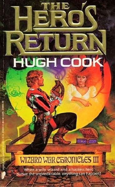 Book cover for "The Hero's Return". Shows the same Fantasy Guy, now playing a harp for a woman trapped inside a prismatic mirror. This scene actually does happen in the book, surprisingly.