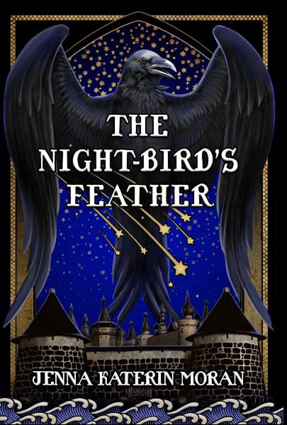 cover of "The Night-Bird's Feather" - an art deco image of a raven spreading its wings across a star-studded sky