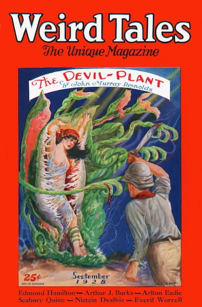 Cover of Weird Tales magazine, depicting a woman being swallowed by a giant venus flytrap