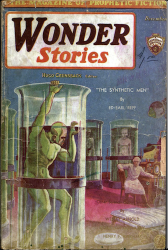 Cover of "Wonder Stories", depicting a green-skinned man climbing out of a giant test-tube, to the dismay of a scientist who is presumably his creator