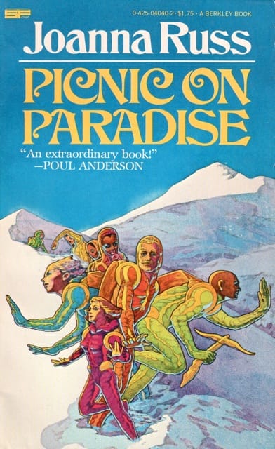 Cover art depicting brightly coloured figures in a snowy landscape. They are all wearing colourful futuristic spacesuits.