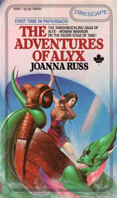 FIRST TIME IN PAPERBACK! THE SWASHBUCKLING SAGA OF ALYX - WOMAN WARRIOR ON THE RAZOR EDGE OF TIME! The picture is Alyx in a chainmail halter-top thing, wielding a spear and trying to stab a sea monster that is attacking her boat. She looks awesome, if a bit silly.