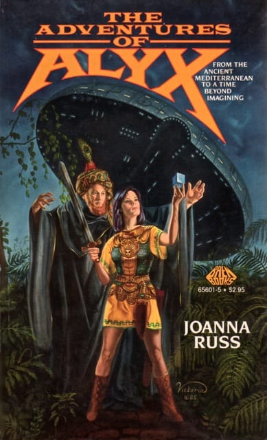 Cover art depicting Alyx in a more sensible tunic and boots, while the "wizard" of the third story looms behind her. He has a red chinstrap beard that makes him look kind of goofy.