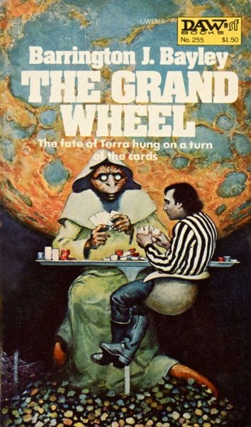 "The fate of Terra hung on a turn of the cards". Art depicts a rather sad-looking guy playing poker against an alien with a long snout and hooded cloak. The vibe is sort of... Edward Hopper in space.