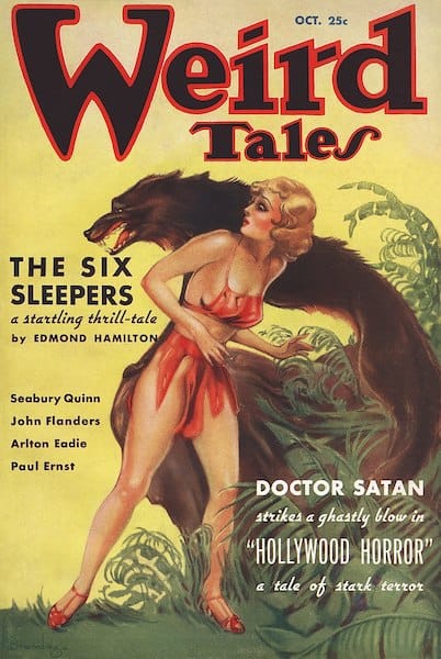 Weird Tales magazine. The cover story is "Hollywood Horror" by an author named Doctor Satan. The image is a scantily clad woman in the jungle, being menaced by a long-limbed wolf creature.