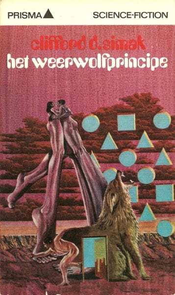 "het weerwolfprincipe". Bizarre surrealist cover that includes a wolf with a doorway in its flank, two lovers with enormously long legs, and a bunch of abstract triangles and circles.