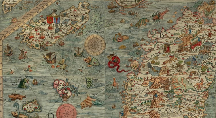 an old map of the North Sea depicting both real and fictional islands