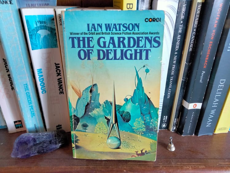 book cover depicting a silver needle-shaped spaceship on a verdant alien landscape